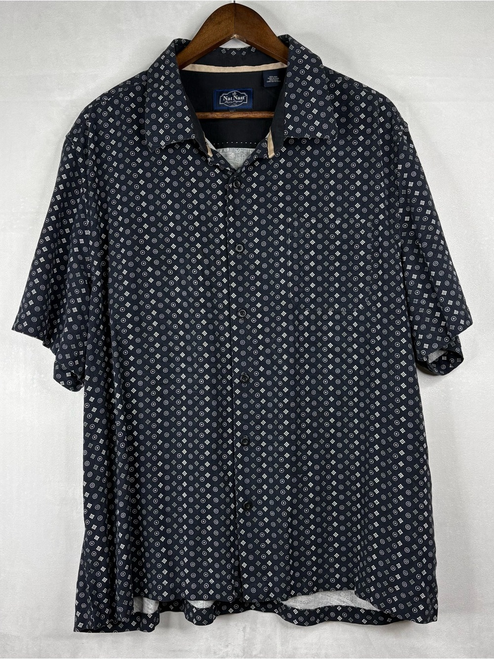 Nat Nast Silk Shirt Mens XL Short Sleeve Blue Geometric Button Up Resort Casual